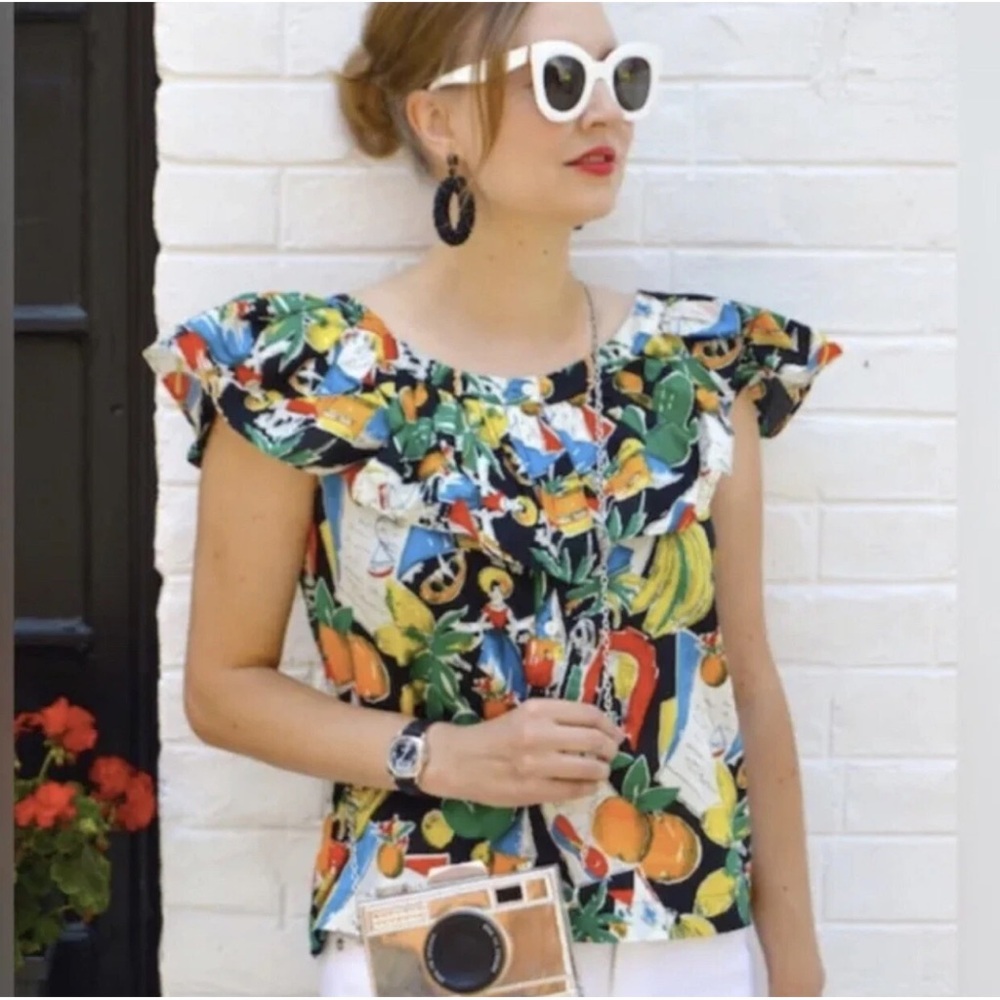 J. Crew Ruffle Postcard Tropical Vacation Print Top Blouse Size 4 Small Summer